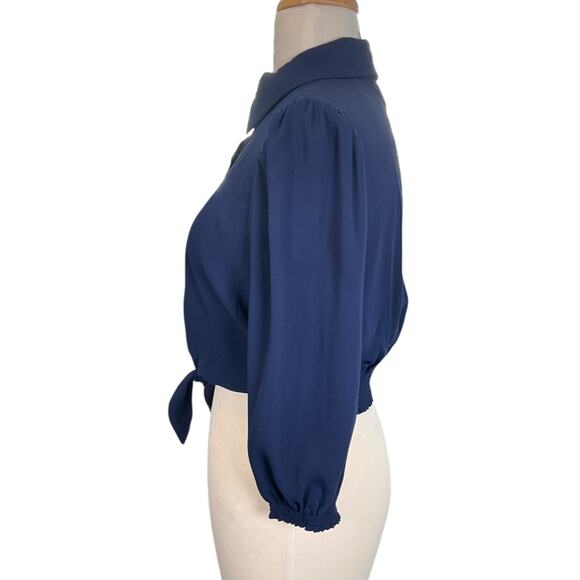 Gal Meets Glam Royal Blue Tie-Front Blouse Size 4 | Button Down Long Sleeve - Picture 3 of 9